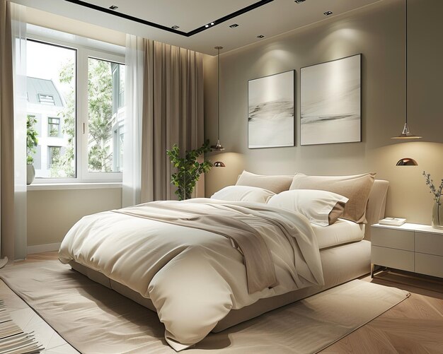 the bedroom with a poster mockup on the wall in the style of light gray and light beige