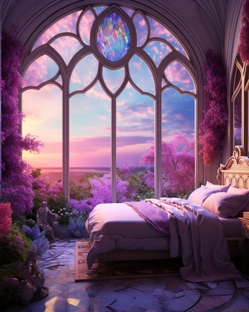 Photo bedroom with a purple floor and an arched