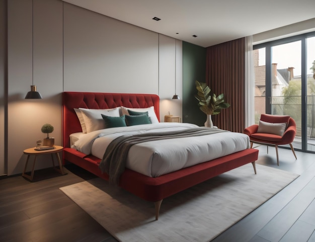 A bedroom with a red bed and a green rug