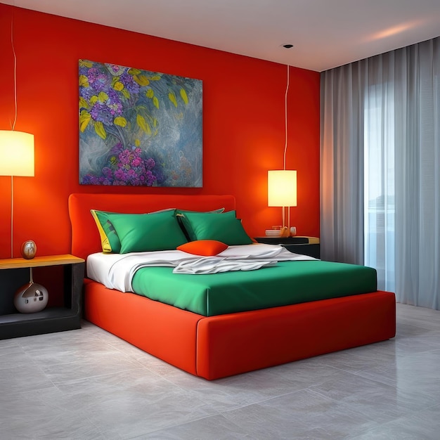 A bedroom with a red wall and a bed with green and orange pillows.