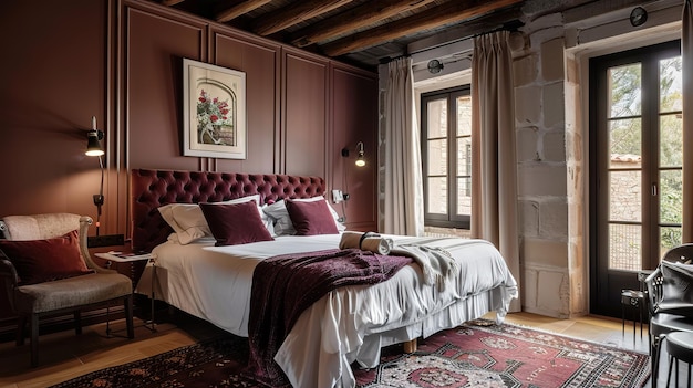 A bedroom with a red wall and a white bed with a purple blanket