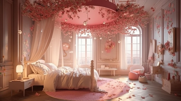 A bedroom with a round bed and a canopy with flowers on it.