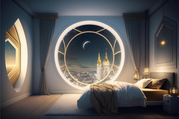 A bedroom with a round window and a view of the city at night ai generated