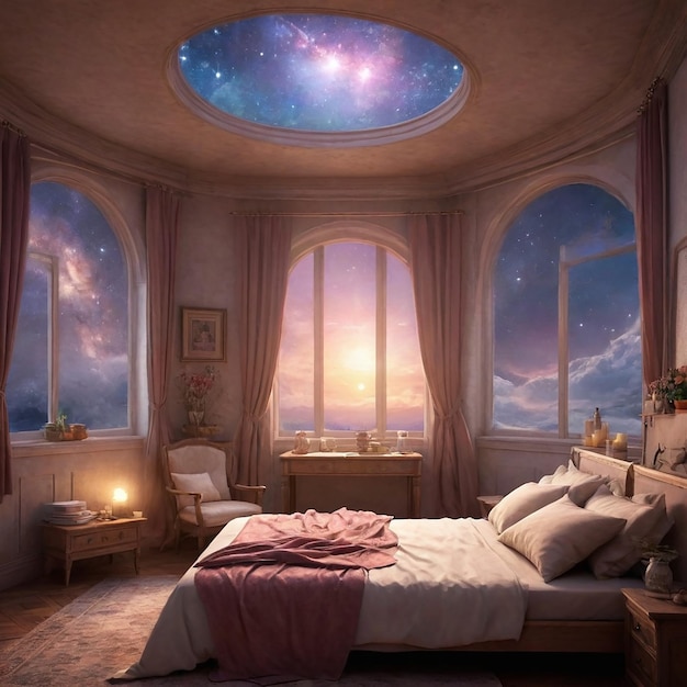 Photo bedroom with a sky painted on the ceiling and a fire place with a fire place in the middle