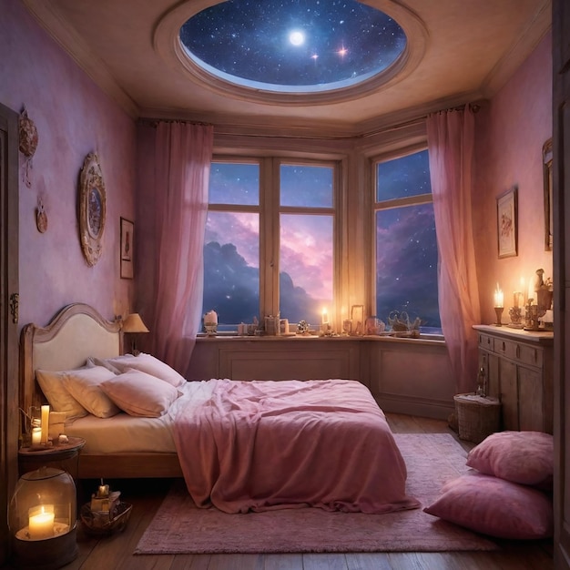 Bedroom with a sky painted on the ceiling and a fire place with a fire place in the middle