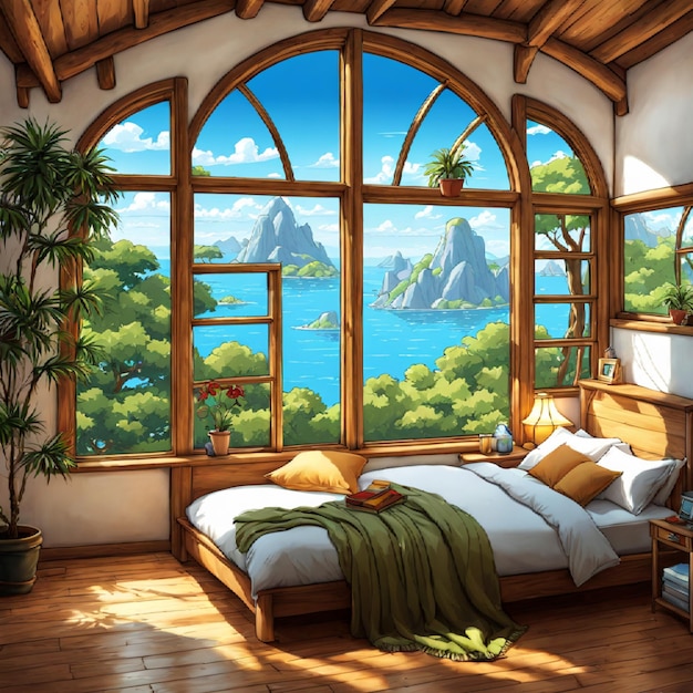 bedroom with stunning views of mountain cliffs and sea