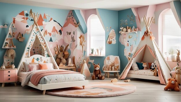 A bedroom with two beds and a teepee decorated with woodland animals and mountains