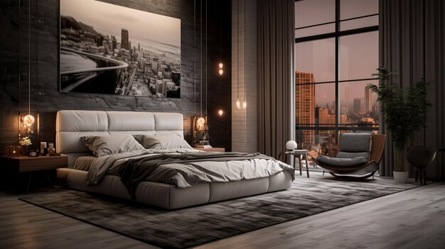 a bedroom with a view of a city and a city