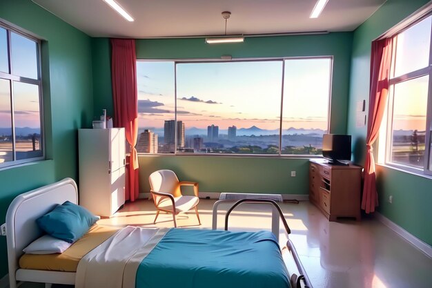 A bedroom with a view of the city and the city.