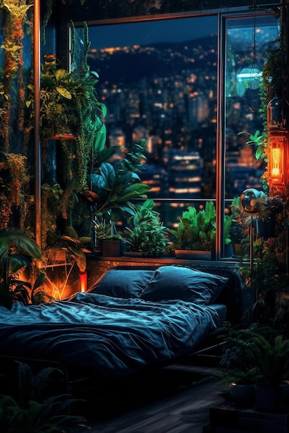 A bedroom with a view of a city and plants.