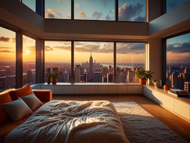 a bedroom with a view of the city skyline and a cityscape