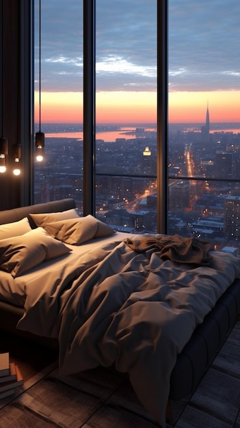 A bedroom with a view of the city at sunset.