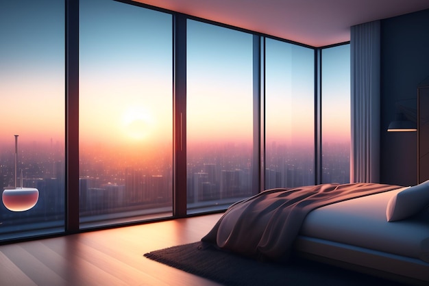 A bedroom with a view of a city.