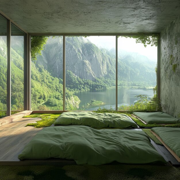 Photo a bedroom with a view of a mountain and a mountain view