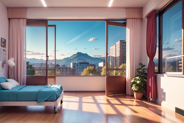 A bedroom with a view of a mountain and a window with a blue curtain.