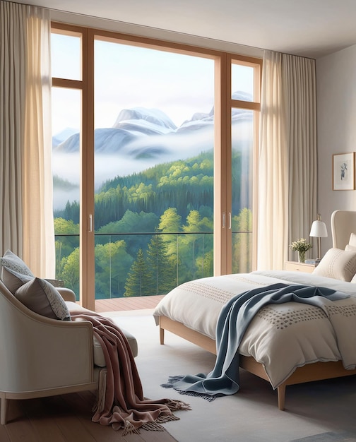 a bedroom with a view of a mountain