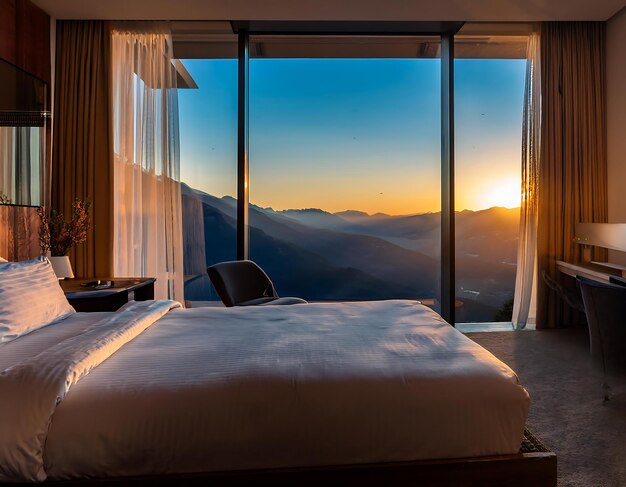 Photo a bedroom with a view of mountains and a bed with a view of mountains