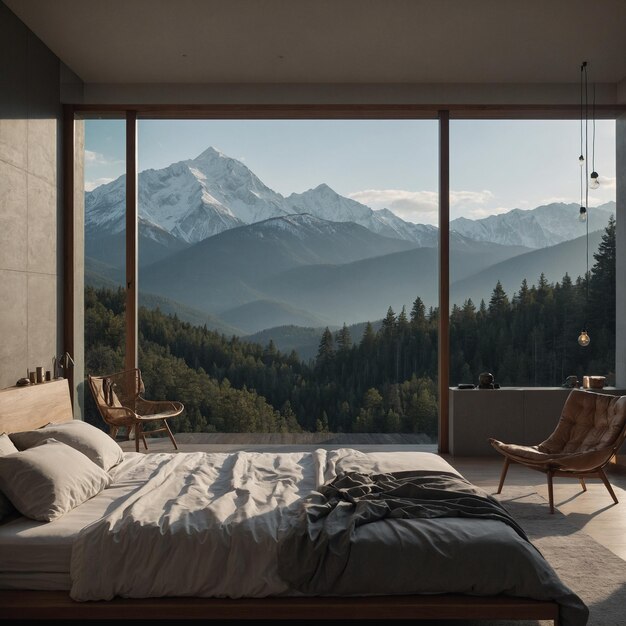 Photo a bedroom with a view of mountains and a bed with a view of mountains