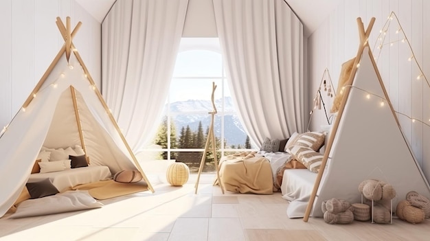 A bedroom with a view of mountains and mountains.