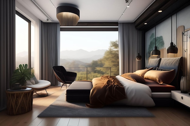 A bedroom with a view of the mountains