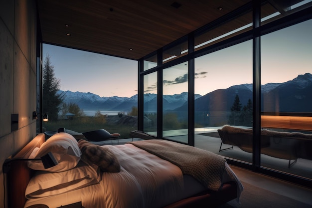 A bedroom with a view of the mountains