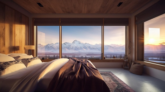 A bedroom with a view of the mountains