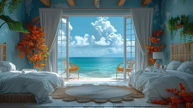 Photo bedroom with a view of the ocean and a beach