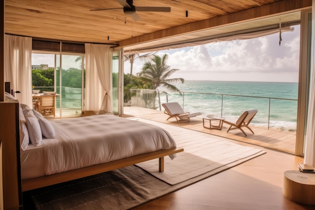 A bedroom with a view of the ocean and the beach.