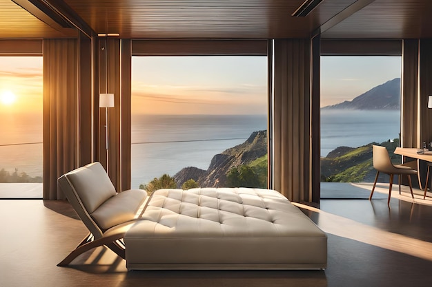 A bedroom with a view of the ocean and a bed with a white bed.