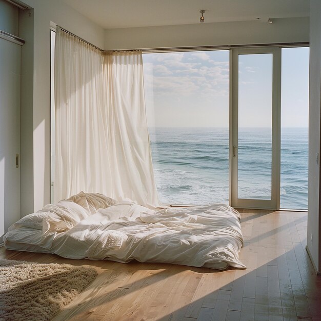 Photo a bedroom with a view of the ocean and a bed with a white curtain