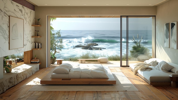 a bedroom with a view of the ocean and a bed