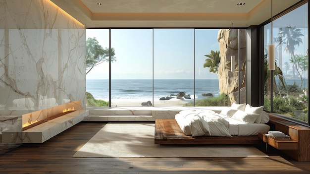 a bedroom with a view of the ocean and a bed