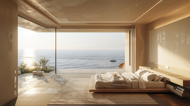 a bedroom with a view of the ocean and a boat in the distance