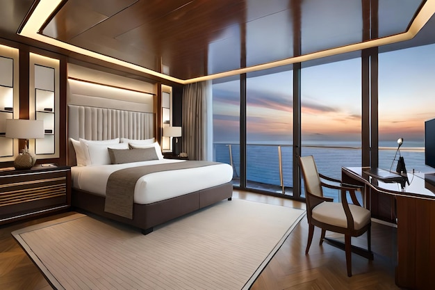 A bedroom with a view of the ocean and a large window with a view of the ocean.