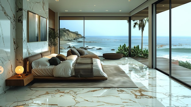 a bedroom with a view of the ocean and a man sleeping in it