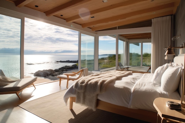 A bedroom with a view of the ocean and the ocean.