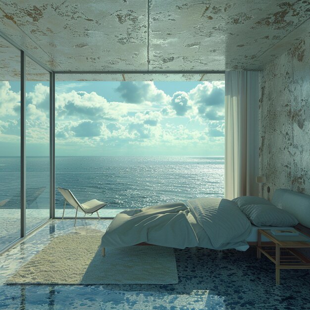 Photo a bedroom with a view of the ocean and the sky