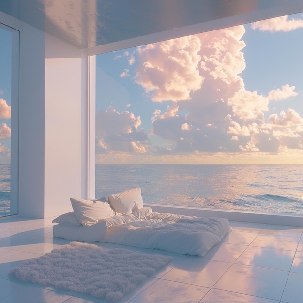 Photo a bedroom with a view of the ocean and the sky