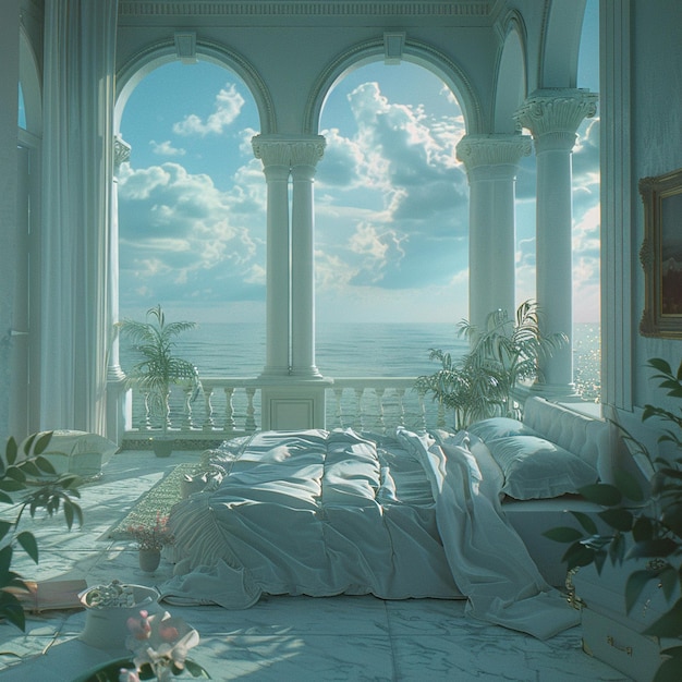 Photo a bedroom with a view of the ocean and the sky