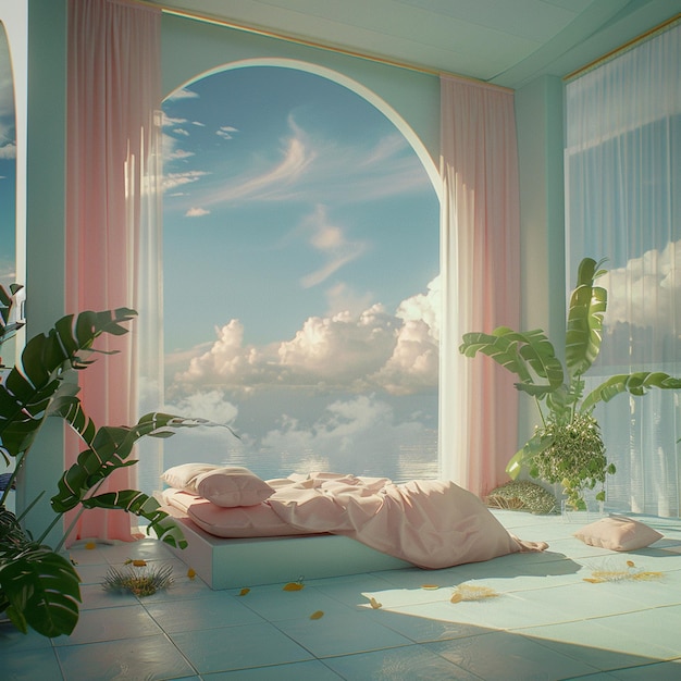 Photo a bedroom with a view of the ocean and the sky