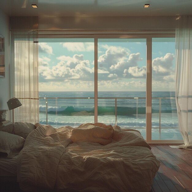 Photo a bedroom with a view of the ocean and the sky