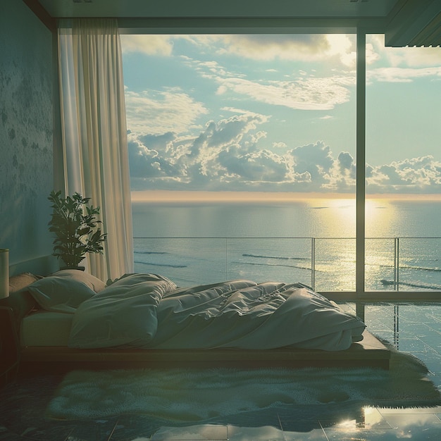 a bedroom with a view of the ocean and the sky