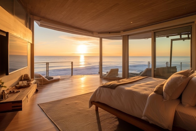 A bedroom with a view of the ocean and the sun setting.