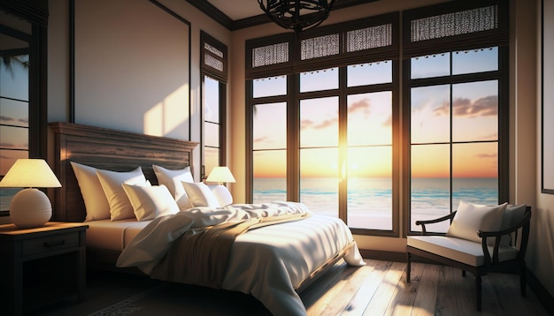 A bedroom with a view of the ocean.