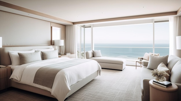 A bedroom with a view of the ocean.