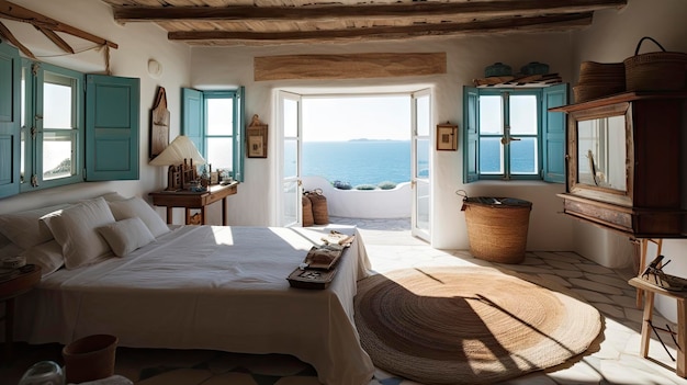 A bedroom with a view of the sea.