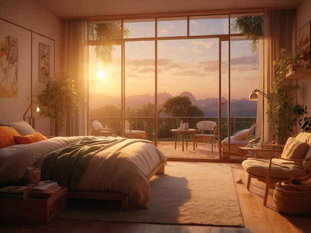 Photo a bedroom with a view of the sunset and a bed with a view of the mountains