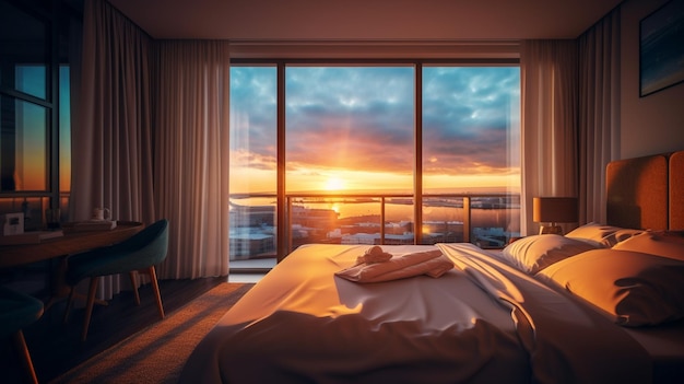 A bedroom with a view of the sunset from the balcony.