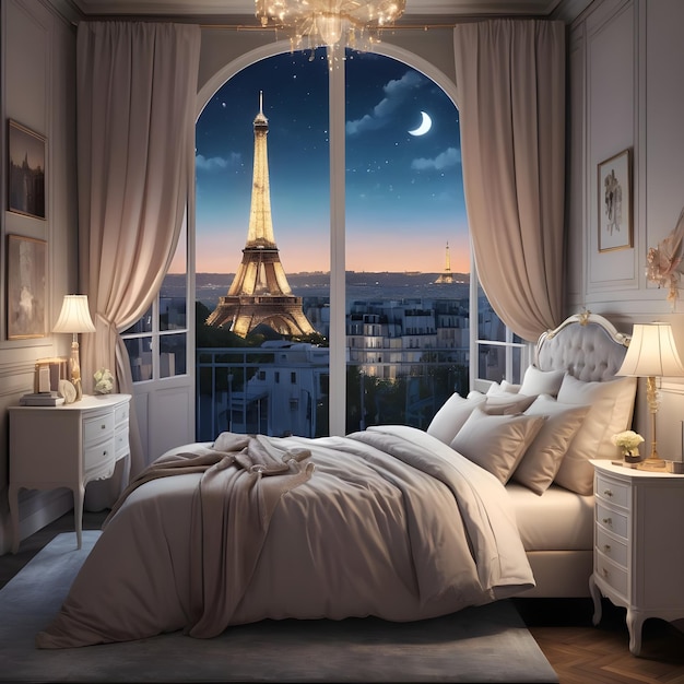 a bedroom with a view of a tower and a cityscape in the background