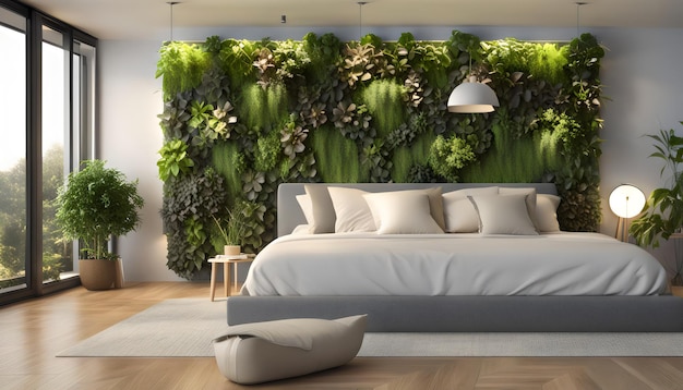 a bedroom with a wall of plants and flowers